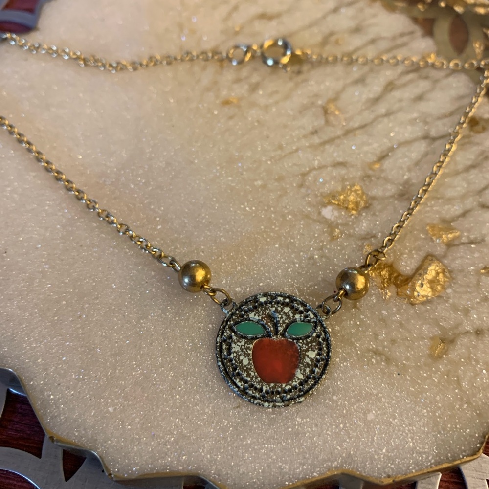 Gold Tone Red Apple Pendant Necklace